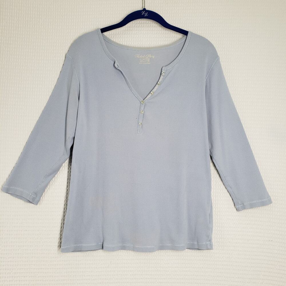 Vintage Faded Glory Ribbed V Neck Henley Top Womens 2X Blue Long Sleeve Y2K